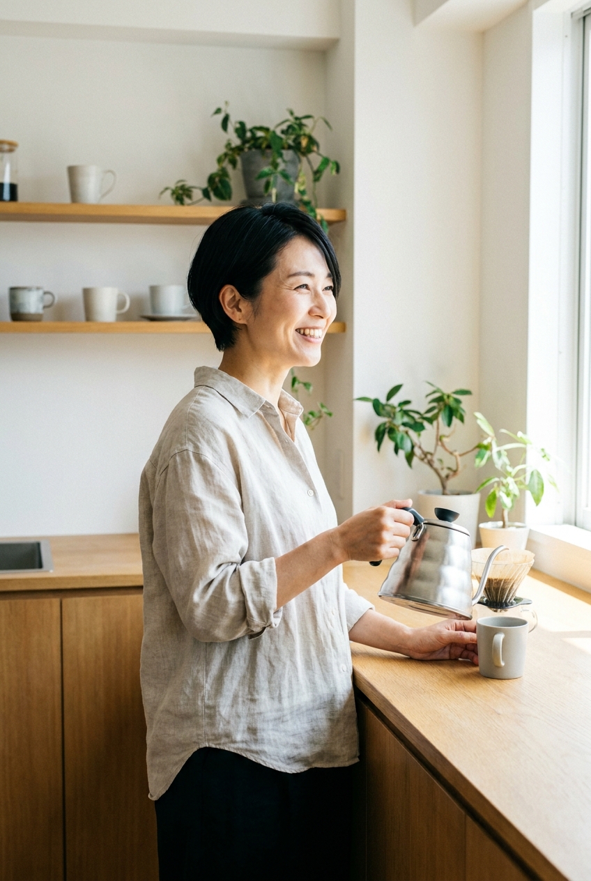 自宅でコーヒーを淹れる様子